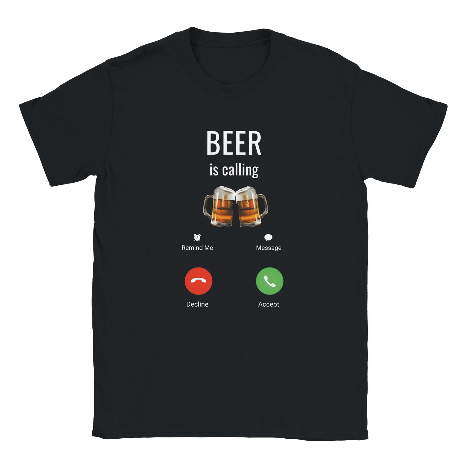 Svart t-shirt med rolig design - text 'Beer is calling' med svara/avvisa-ikoner. Rolig festtröja med öltema.